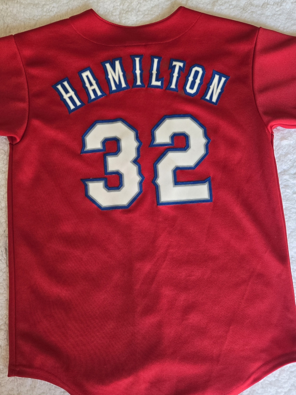 Majestic Red Kids Jersey with Blue and White 'Hamilton 32' Graphics